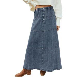 Women Casual Denim Maxi Skirt Elastic Waist Blue